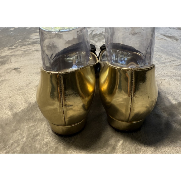 Rupert Sanderson London Gold Mirror Peep Open Toe Black Bow Retro Style Flats - Picture 4 of 13